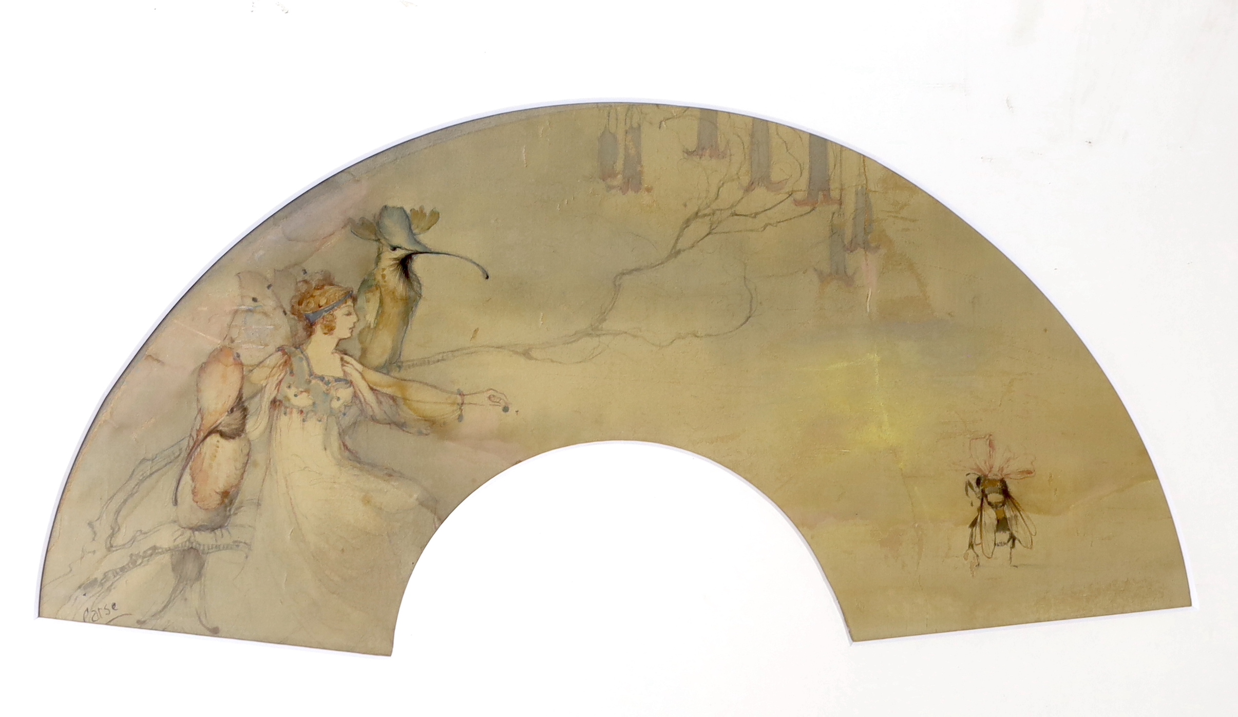 Andreas Duncan Carse (1876-1938), watercolour, 'Fairy, humming birds and bumble bee, study for a fan leaf', 16 x 32cm